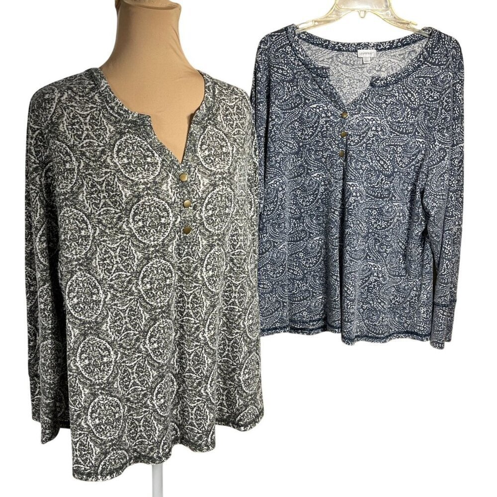 Set of 2 Avenue Tunic Top Waffle V-Neck Long Sleeve Size 22/24 Blue Green Gray